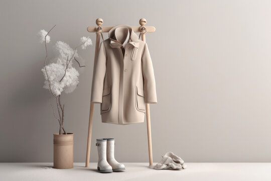 coat stand with winter coat and boots on gray background
