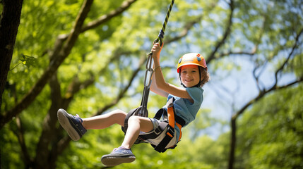 Exhilarated child zips through a lush forest, equipped with safety gear.