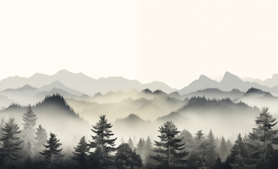 Forest in mist and fog background., a foggy horizon with pine trees and mountain