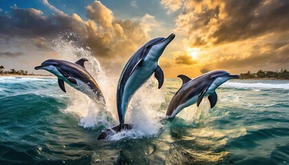 Fototapeta premium A group of dolphins jumping out of the water make a big splash