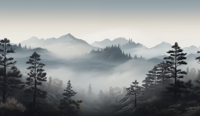 Obraz premium Forest in mist and fog background., a foggy horizon with pine trees and mountain