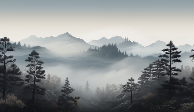 Forest in mist and fog background., a foggy horizon with pine trees and mountain