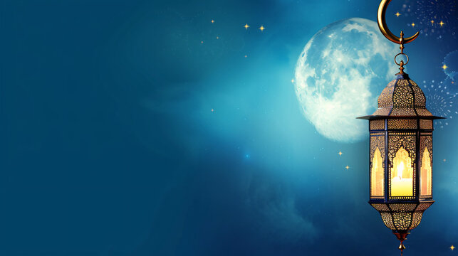 Ramadan-themed banner with crescent moon, stars, and hanging lantern
