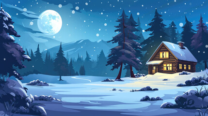 Snowy Forest Cabin at Night