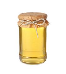 Tasty honey in glass jar isolated on white