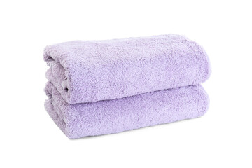 Folded violet terry towels isolated on white