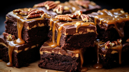 Pecan Brownies. Close-up look at luxurious nut brownies with caramel frosting. - obrazy, fototapety, plakaty