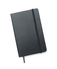 Closed notebook with blank black cover isolated on white, top view