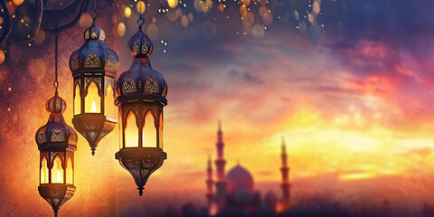 Fototapeta na wymiar Ramadan celebration banner with traditional lanterns and mosque silhouette at sunset