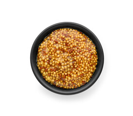 Fresh whole grain mustard in bowl isolated on white, top view