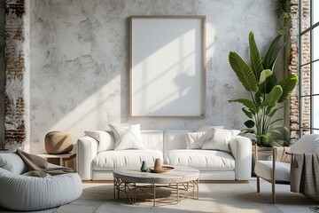 A solitary mockup frame takes center stage in this tastefully arranged modern living room, complemented by a chic monochromatic decor. - obrazy, fototapety, plakaty