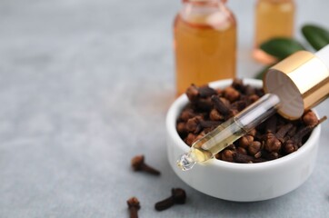 Clove oil in pipette and bowl with dried buds on grey table, closeup. Space for text