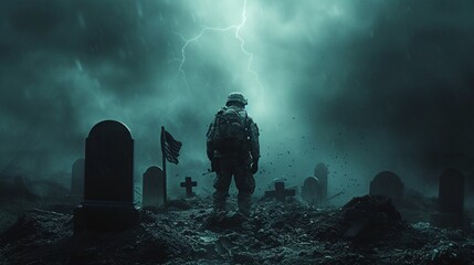 Grave Duty: A Soldier's Sacrifice in the Face of Lightning Generative AI - obrazy, fototapety, plakaty