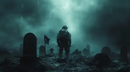 Fotobehang Grave Duty: A Soldier's Sacrifice in the Face of Lightning Generative AI © Bipul