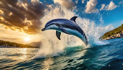 Obraz premium A group of dolphins jumping out of the water make a big splash