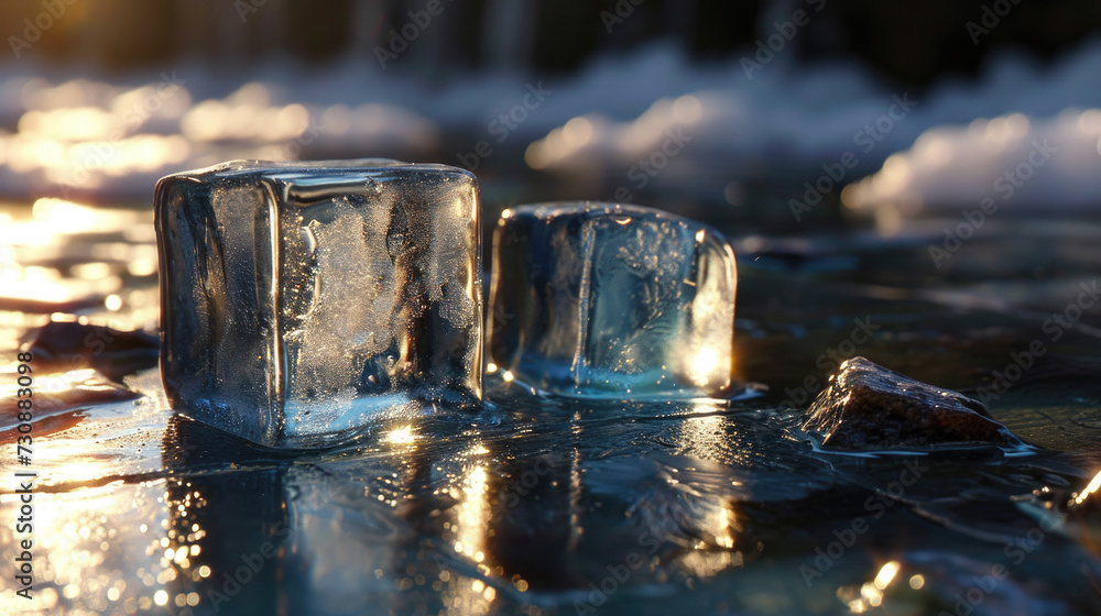 Wall mural ice cubes on wet surface