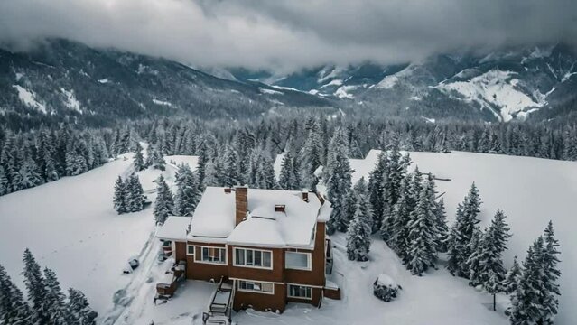 Aerial View Of House In Snow Storm. Flying Above Winter Mountains