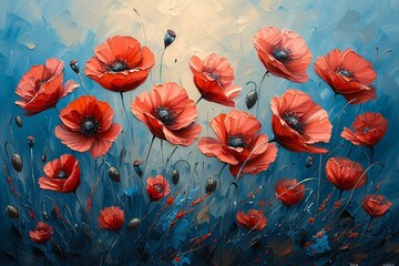 Blooming Beauties: A Pop of Colorful Poppies in a Blue Sky Generative AI