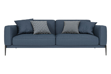 Modern blue fabric sofa with pillows  isolated on white background. Furniture Collection. 