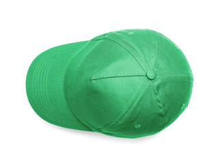 Stylish green baseball cap isolated on white, top view