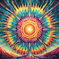 Colorful psychedelic sun, vintage style, hippie