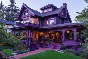 Zelfklevend Fotobehang Eagle view of a craftsman house in a rich plum purple, with a backyard that includes a Venetian carnival theme and a masquerade ball stage. © Tae-Wan
