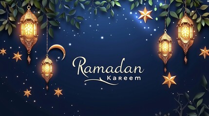 Ramadan Kareem banner with ornate lanterns and crescent moon