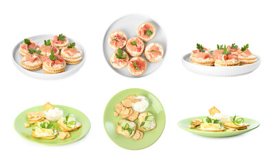 Delicious crackers with different toppings isolated on white, top and side views