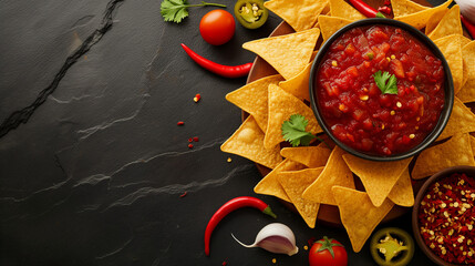 Tortilla chips with chuunky salsa dip on black stone background, top view