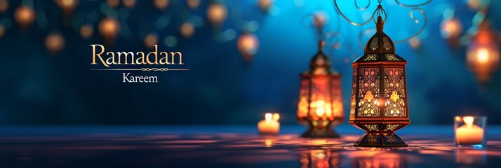 Ramadan Kareem Greeting with Traditional Lanterns and Candles on Wooden Table
