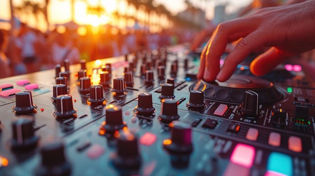 DJ Hands creating and regulating music on dj console mixer in concert outdoor. Generative Ai. 