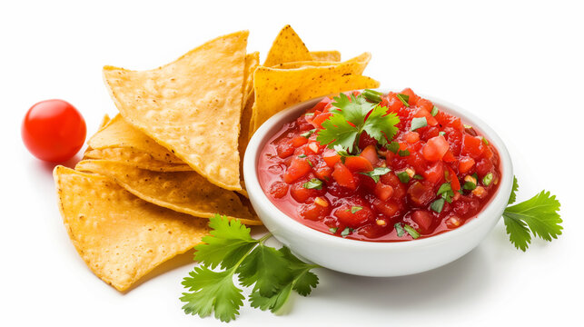 Tortilla chips with salsa on white background
