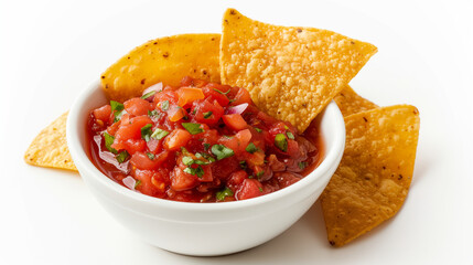 Tortilla chips with salsa on white background