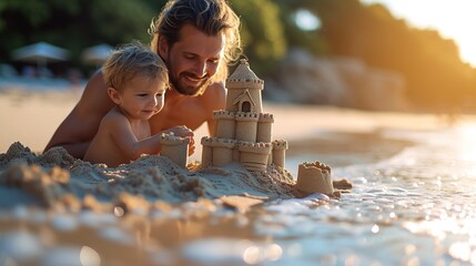 Obraz premium Father and son playing with sand on the beach. Happy family concept. Generative Ai. 