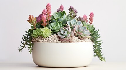 Flowering succulents and cactus in white flowerpot background.