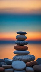 Balanced Stone Cairn at the Beach Against a Vibrant Sunset Sky