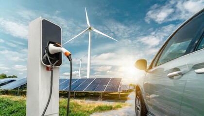 Using of charge station, solar panel and windmill background. Sustainability assessment, renewable energy concept.
