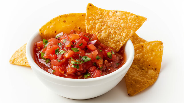 Tortilla chips with salsa on white background