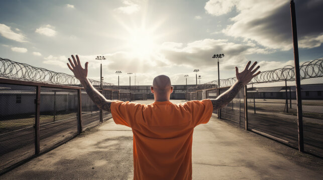 Prisoner being released from prison and greeting freedom with the open gates