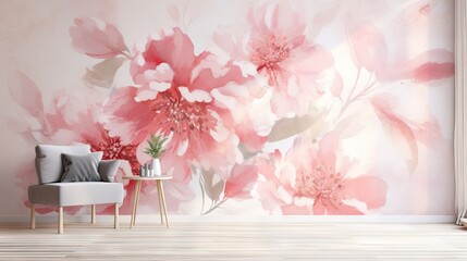 Floral watercolor style wallpaper with textured pastel colors, perfect for room interiors. 3D render.
