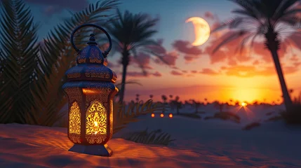 Fotobehang Enchanting Night Oasis Radiant Ramadan Lantern amid Starlit Beauty © munawaroh
