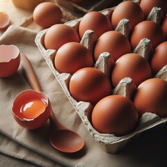 Brown chicken eggs are in a paper tray. There is one brown egg that is broken in half. Raw chicken eggs before cooking