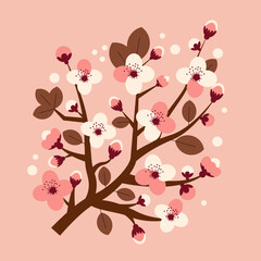Spring cherry tree in bloom. Pink cherry blossom Sakura tree branch. Flat vector illustration. Sakura pink flowers in springtime background