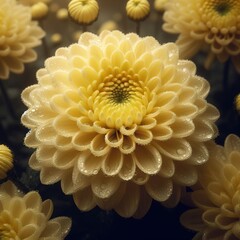 Close up middle of light yellow Chrysanthemum Morifolium flowers wet with morning dew