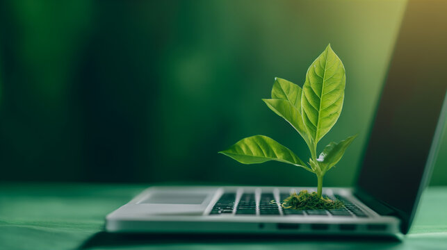 Green information technology, green laptop in nature with trees Environmentally sustainable IT copy space