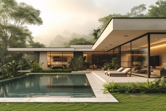 Sunday Funday: A Modern Home with a Pool and Tropical Plants Generative AI - Powered by Adobe