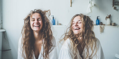 Two sisters laughing in bathroom sharing beauty tips.