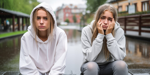 Two young women expressing sadness after flood destruction