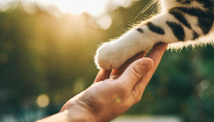 Cat's paw in human's hand, cinematic light