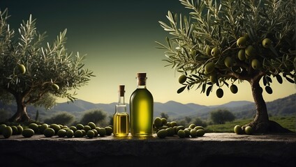 olive oil and olives on jungle background, healthy food, olive oil bottle, olive on stone, green olive, black olive